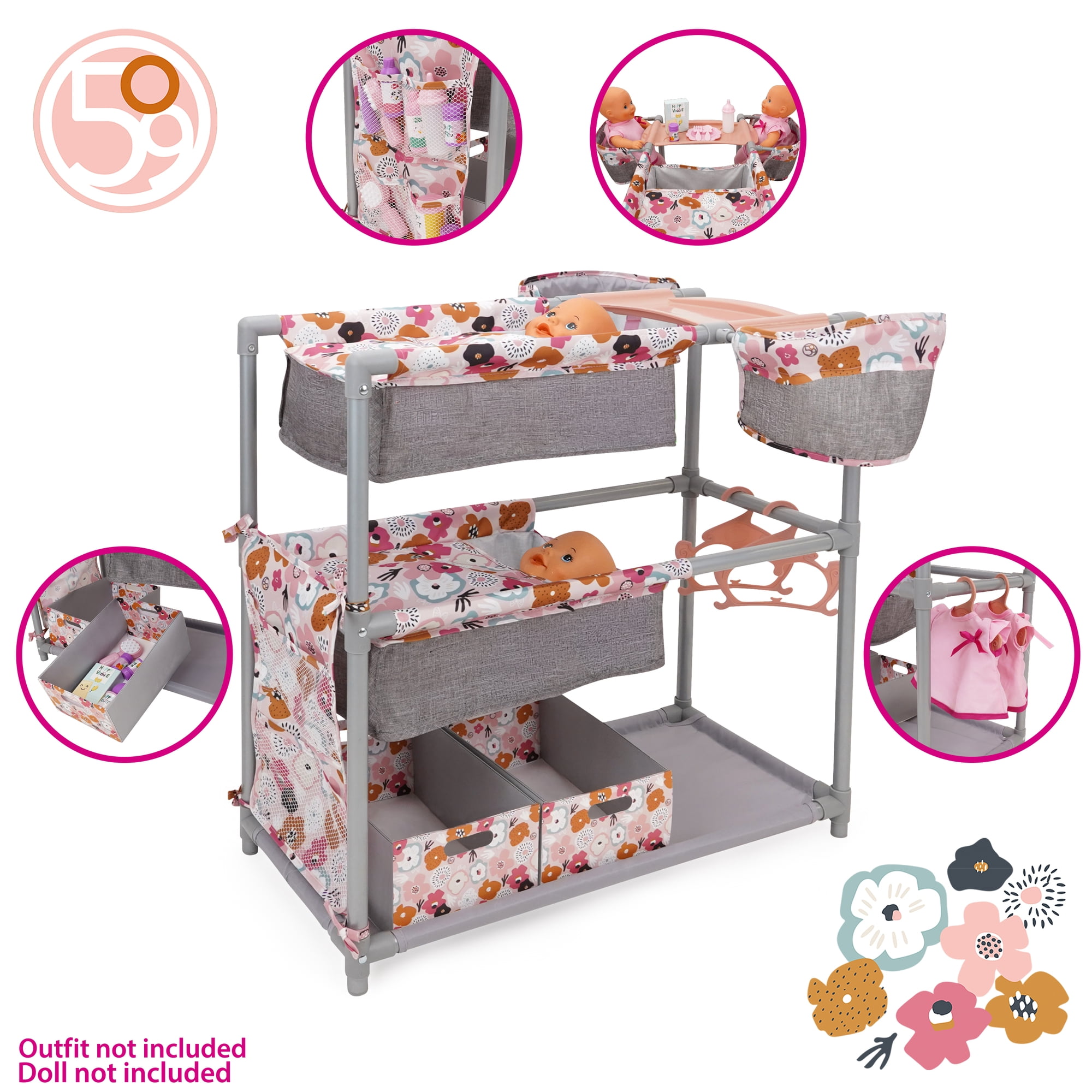 509 Crew: Melange Flora - Twin Center & Accessories Set - Gray-Pink-Flower, Bunk Bed Highchair Station, 15 Feeding-Grooming Accessory Toys, Kids 3+