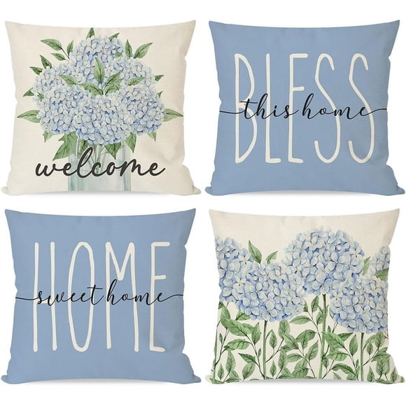 Blue Hydrangea Throw Pillow Covers 16x16 Inch Bless This Home Sweet Home Flower Welcome Spring Summer Decor Set of 4 Farmhouse Decorative Throw Pillows Cases Outdoor Decorations