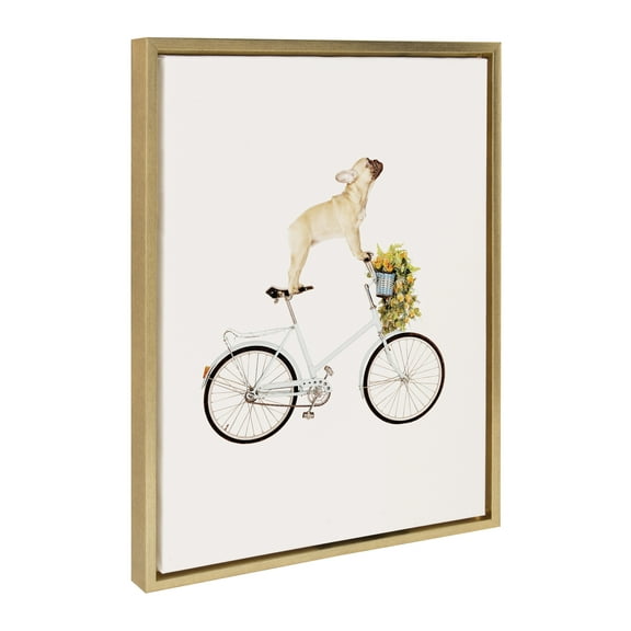 Kate and Laurel Sylvie Frenchie Bulldog on a Bicycle Framed Canvas Wall Art by Amy Peterson Art Studio, 18x24 Gold, Whimsical Animal Dog Art for Wall