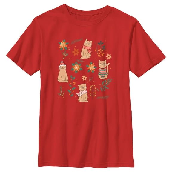 Boy's Lost Gods Christmas Floral Cats  Graphic Tee Red Medium
