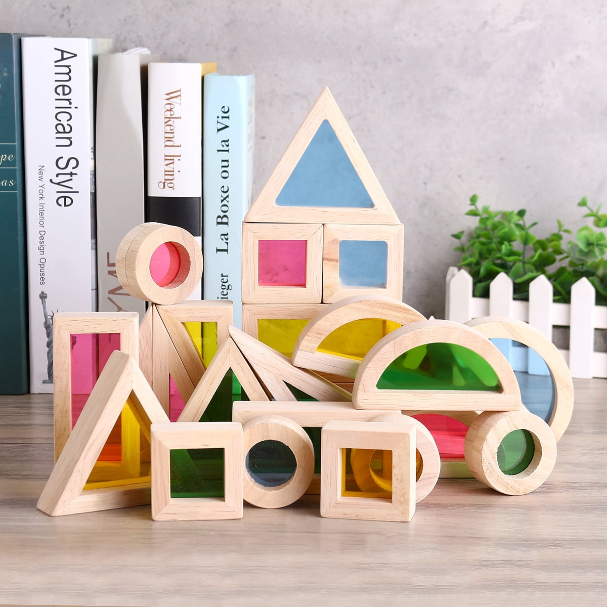24Pcs Wooden Rainbow Blocks Construction Building Stacking Blocks Baby