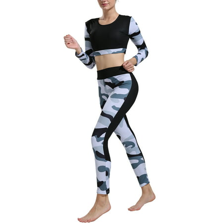 Women Yoga Camouflage Fitness Exercise Long Sleeve Crop Tops +Pants Leggings Set Gym Workout Sports Wear