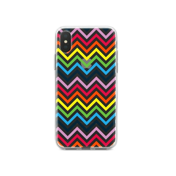 DistinctInk Clear Shockproof Hybrid Case for iPhone XR (6.1" Screen) - TPU Bumper, Acrylic Back, Tempered Glass Screen Protector - Rainbow Chevron