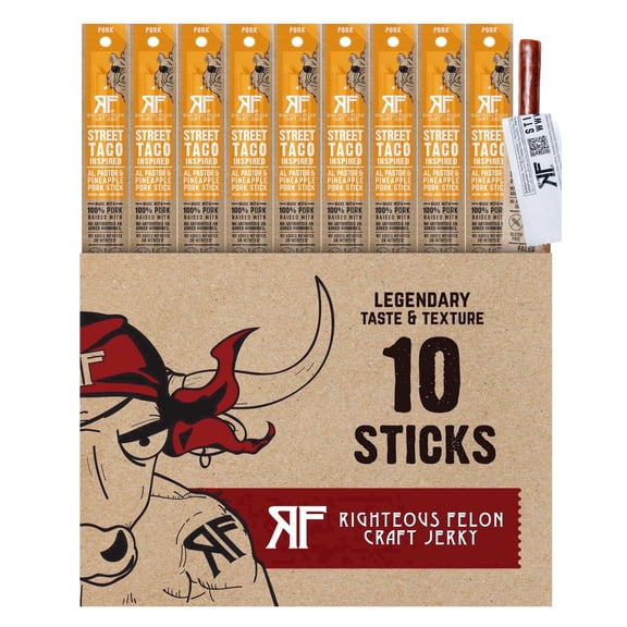 Righteous Felon Meat Sticks - Gluten Free & Keto Pork Sticks, Protein Snacks, Street Taco, 10 pack