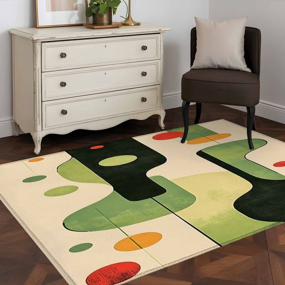 3'x5' Area Rugs, Green Geometric Indoor Outdoor Area Rug for Living Room Bedroom, Vintage Abstract Middle Century Artwork Washable Bathroom Rugs Kitchen Floor Carpet Mats Home Decor Aesthetic