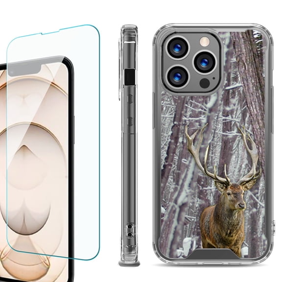 Shockproof Bumper Phone Case for iPhone 13 Pro Max, with Tempered Glass Screen Protector, by OneToughShield ® - Deer/Snow/Camo