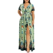 Lenago Women's Plus Size V-Neck Split Hem Floral Print Full-Length Loose Party Dress