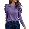 thumbnail image 2 of ClodeEU Womens Round Neck Puff Long Sleeve T Shirt,Casual Cropped Tee,Slim Fit Tops Purple,Womens Plus M, 2 of 8