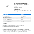 thumbnail image 2 of A/C High Side Pressure Switch - Compatible with 1994 - 1997 Dodge Dakota 1995 1996, 2 of 2