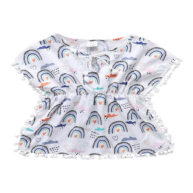 PENGXIANG Enfants Bébé Filles Robe Arc-en-Ciel Imprimé Plage Robes Robe de Plage Maillots de Bain Couvrir Blanc 2-3 Ans