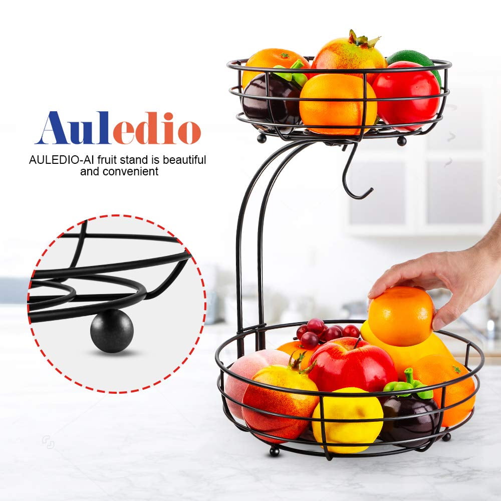 Iron 2-Tier Countertop Fruit Vegetables Basket Bowl Storage With Banana Hanger, Black, 64 ounces