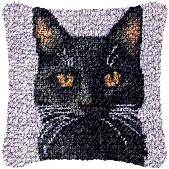 Black Cat Latch Hook kits Pillow Printed Canvas Cushion Crochet Yarn Needlework Hook Latch Kit DIY Embroidery Pillowcase Rug Cover Home Sofa Christmas Decoration 43x43cm(1)