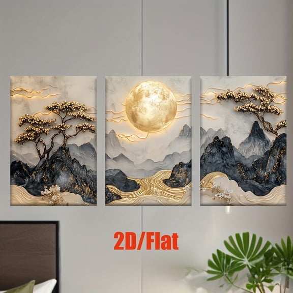2D Flat, 3pcs/set, 2D Flat canvas paintings-frameless, Golden Art Landscape Combination, Posters and prints, living room, office, library, Bedroom, cafe, abstract art, home decoration, perfect birth