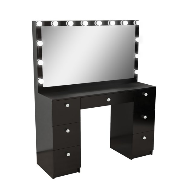 Ibbie Modern Vanity Table with 7 Drawers Lights Crystal Ball Knobs