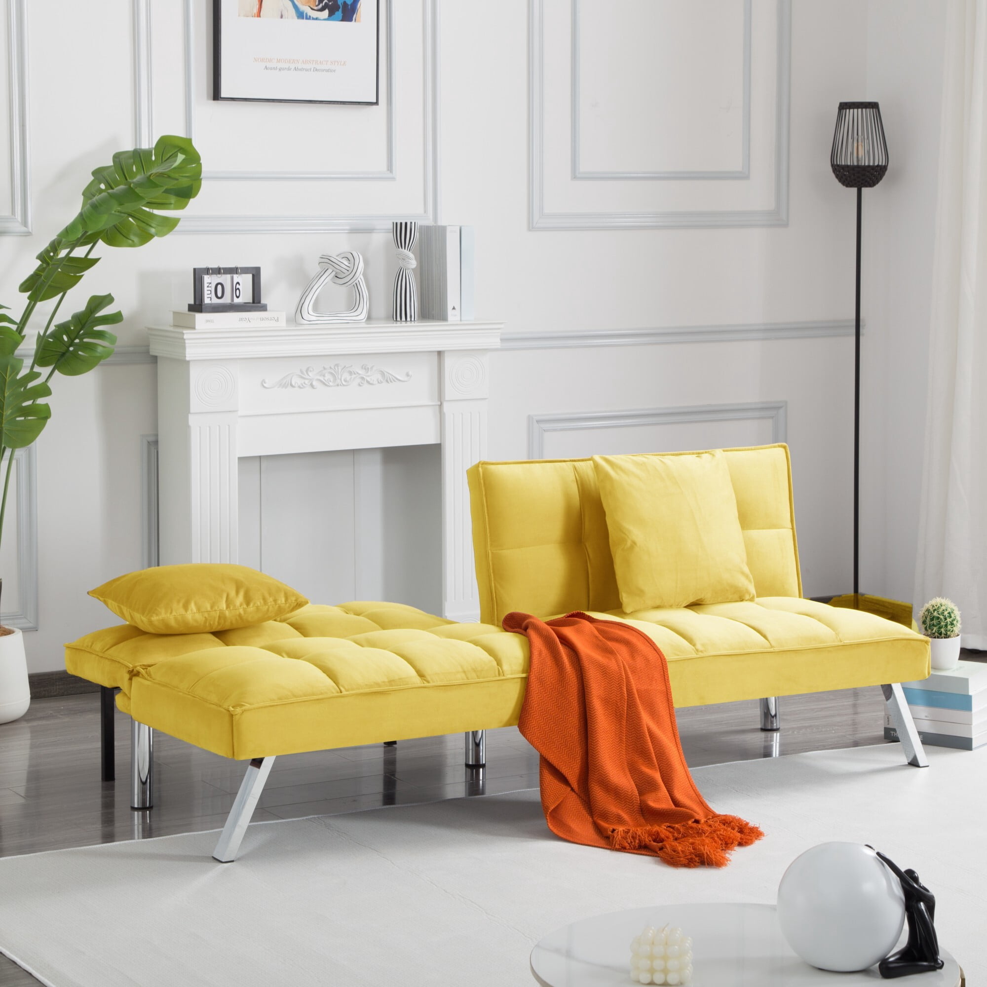 DEALTOPS 73" Convertible Futon Sofa Bed, 5-Angle Split-Back Sleeper with 2 Pillows for Small Spaces, Bright Yellow