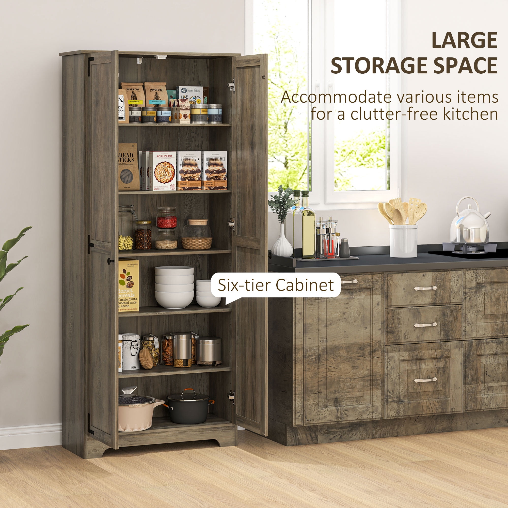 HOMCOM 72" Farmhouse Pantry Cabinet with Storage, Food Pantry Cabinet with Adjustable Shelves, Tall Storage Cabinet with 2 Doors, Distressed Gray