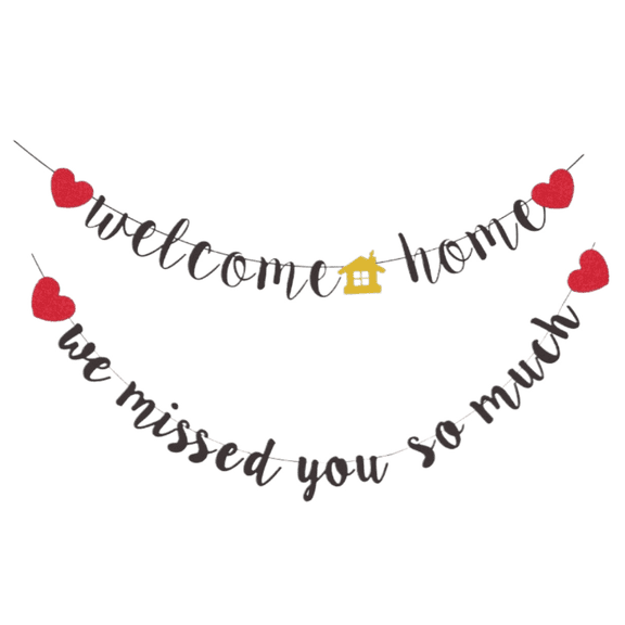 Welcome Home We Missed You so Much Banner, Black Glitter with Red Hearts and Gold House, Party Decoration