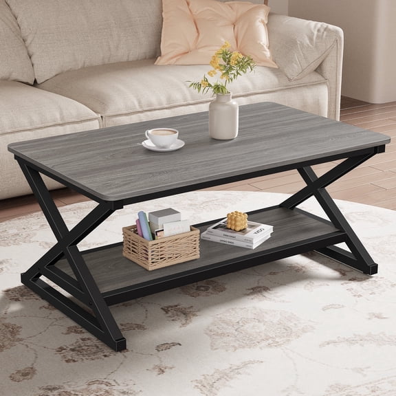 STRICWARM Gray Coffee Tables for Living Room, 39 Inch Wooden Coffee Table with Round Corner, Modern Minimalist 2-Tier Storage Center Table for Small Space, Apartment, Office