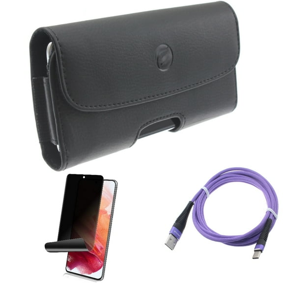 Privacy Screen Protector & 6ft USB Cable & Case Belt Clip for Samsung Galaxy S22 (6.1") - TPU Film Fingerprint Works & Purple Type-C & Leather Holster Accessory Bundle
