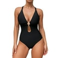 thumbnail image 2 of Xdegoge Swimsuits for Women Plunge V Neck High Cut One Piece Bathing Suits Smooth Contrast Color Block Piping Flattering Slimming Monokini Summer Beachwear, 2 of 9