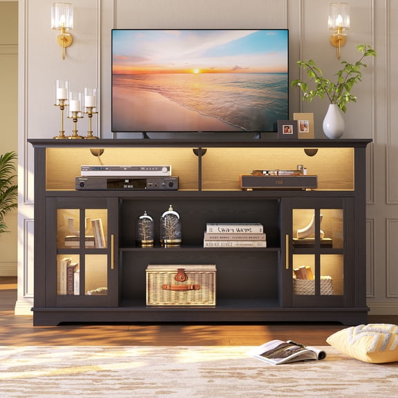 SESSLIFE 63" TV Stand with LED Lights for 70 inch TV, Entertainment Center Console with Large Storage, Modern TV Media Console Cabinet(White)