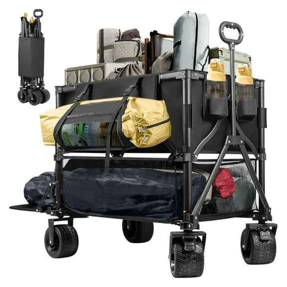 Double‑Decker Collapsible Utility Wagon Cart, 600lb 400L Heavy‑Duty Folding Wagon with 54‑inch Extended Frame & All‑Terrain Big Wheels for Camping Fishing Outdoor