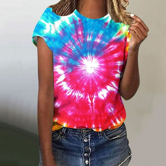 VBTAPA Womens Tie Dye T-shirt Short Sleeve Novelty Graphic Tees Trendy Summer Going Out Blouse Tops Daily Sales Multicolor XXL