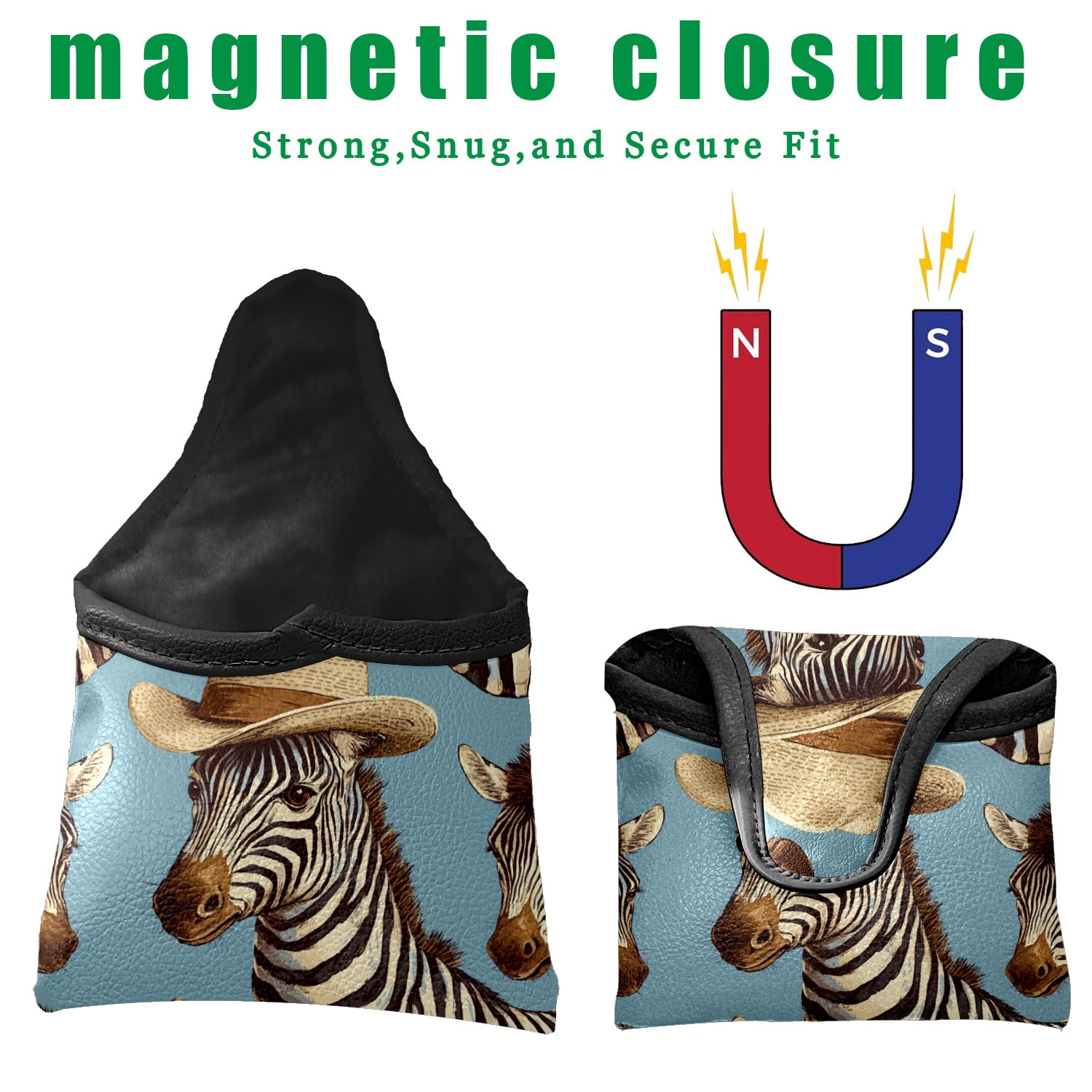 Golf Mallet Putter Cover Premium Leather Waterproof Golf Putter Head Cover with Magnetic Closure Zebra Hat
