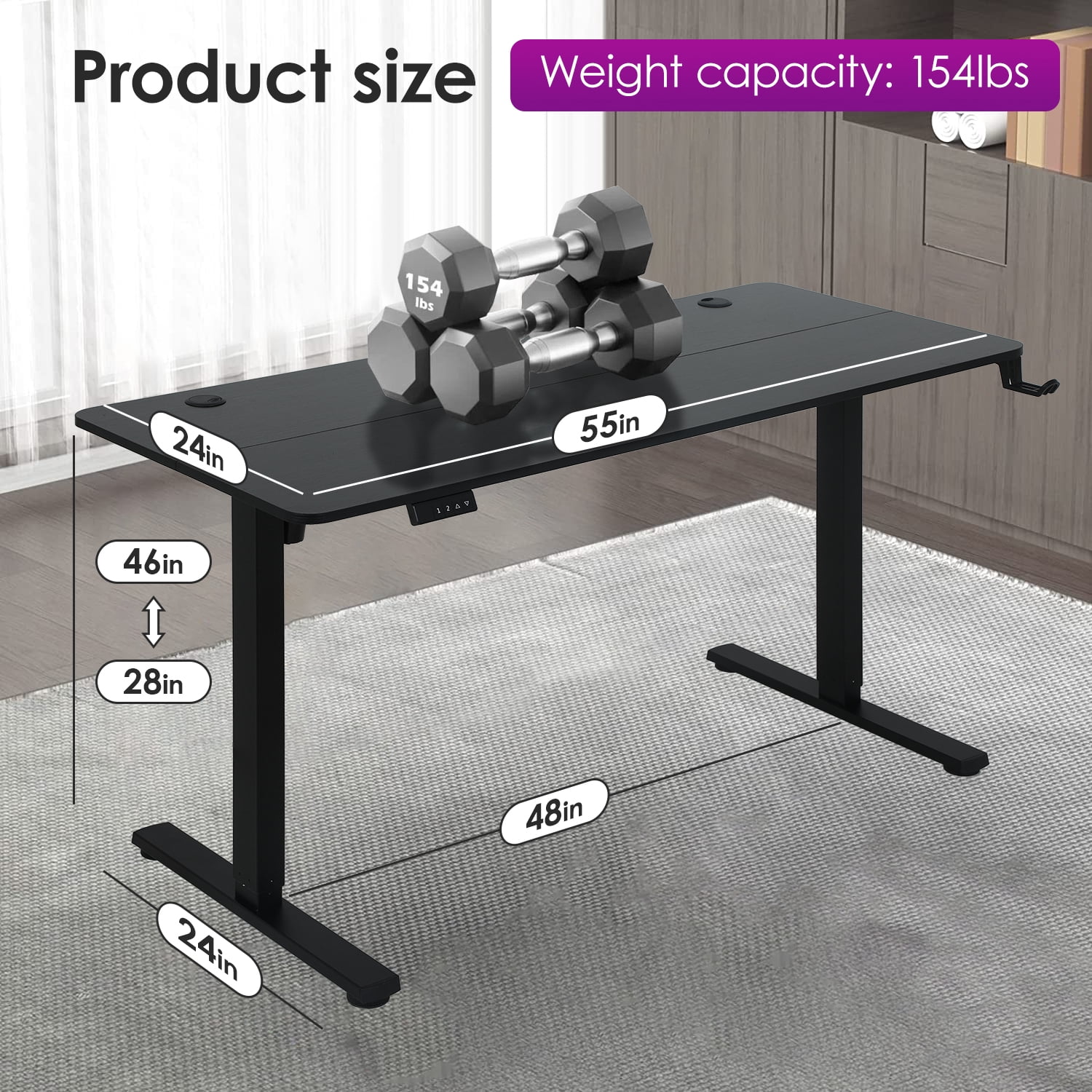Dkelincs 55"×24" Electric Height Adjustable Standing Desk Home Office Computer Desk with 2 Memory Function, Black