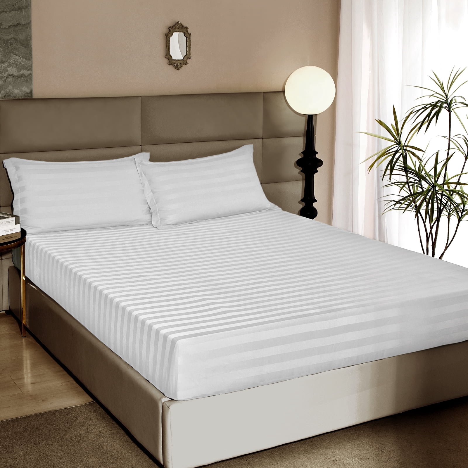 Lidoloka Luxury 100% Bamboo Bed Sheets Set King Size 4Pcs for Adult,16"Deep Pocket,Striped White