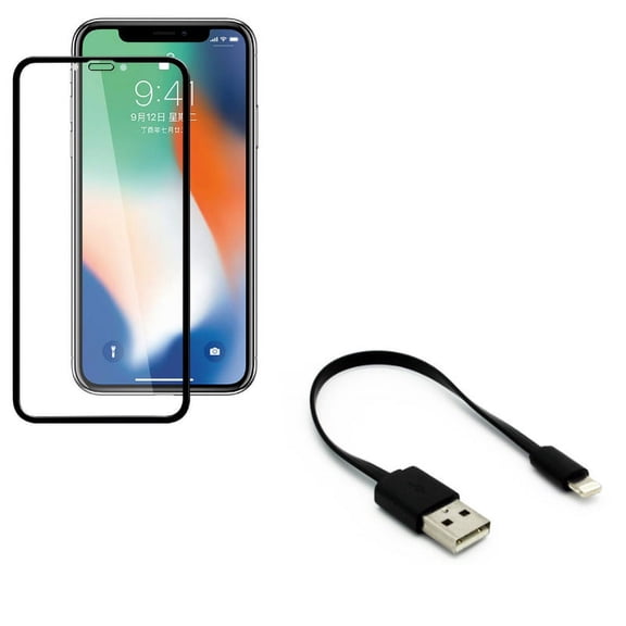 Short USB Cable w Screen Protector for iPhone XR - Charger Cord Power Wire, Anti-Glare Tempered Glass Matte 3D