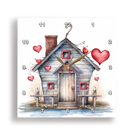 3dRose, Cute Shabby Chic Valentine House Illustration, 15x15 Wall Clock