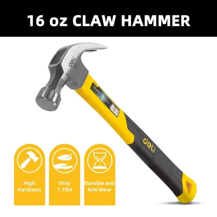 Deli 16-Ounce Claw Hammer with Fiberglass Handle, with Smooth Face & Shock Reduction Grip,Basic Hand Tool for DIY and Woodworking