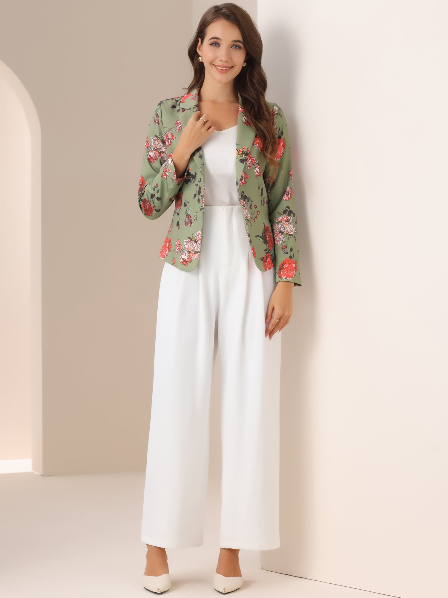 DARING DIVA Women's Elegant Notched Lapel Floral Print Blazer S Dusty Green-Floral