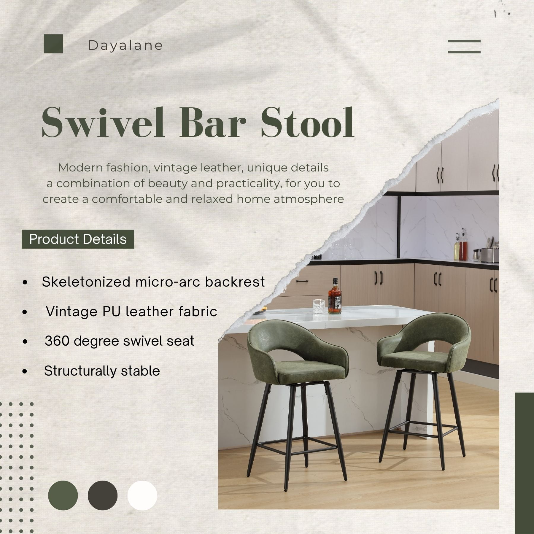 27" Modern Swivel Bar Stools Set of 2, PU Upholstered Counter Height Stools with Metal Legs, Hollow Curved Backrest for Kitchen Island, Home Bar, Bistro, Green