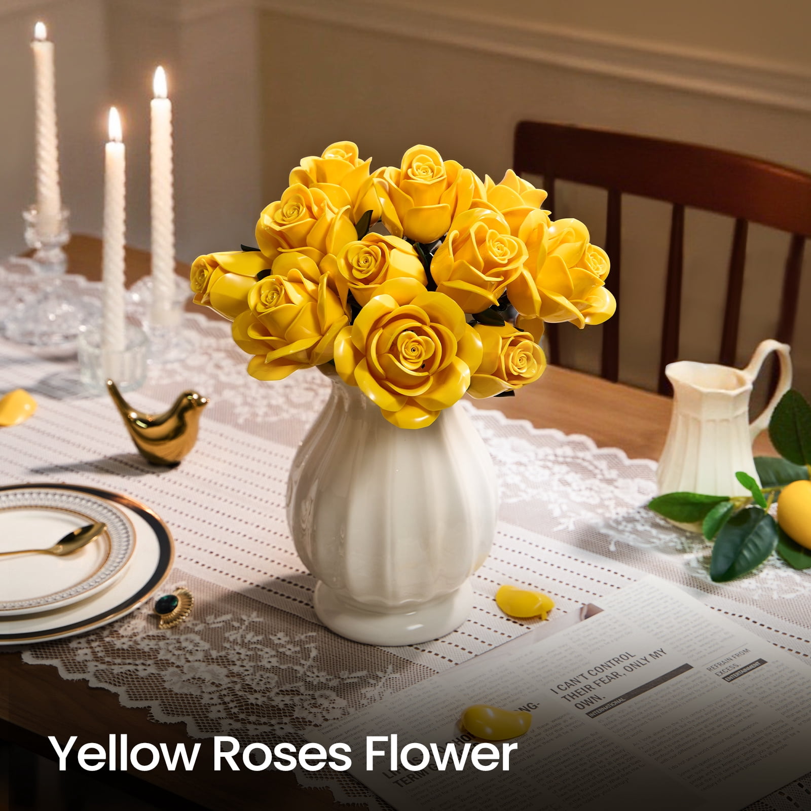 Yellow Rose Bouquet Building Set, Yellow Flowers for Adults Women, Botanical Collection Gift for Christmas & Valentines - Artificial Plant Gothic Home Decor