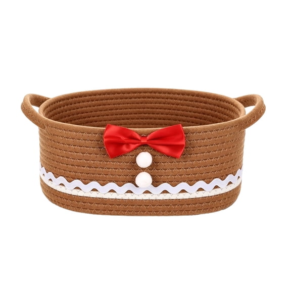 Gingerbread Style Woven Storage Basket, Fabric Rope Decorative Organizer with Bow Handles, Multi‑Purpose Bin for Snack Toy Holiday Gift Home Table Decor