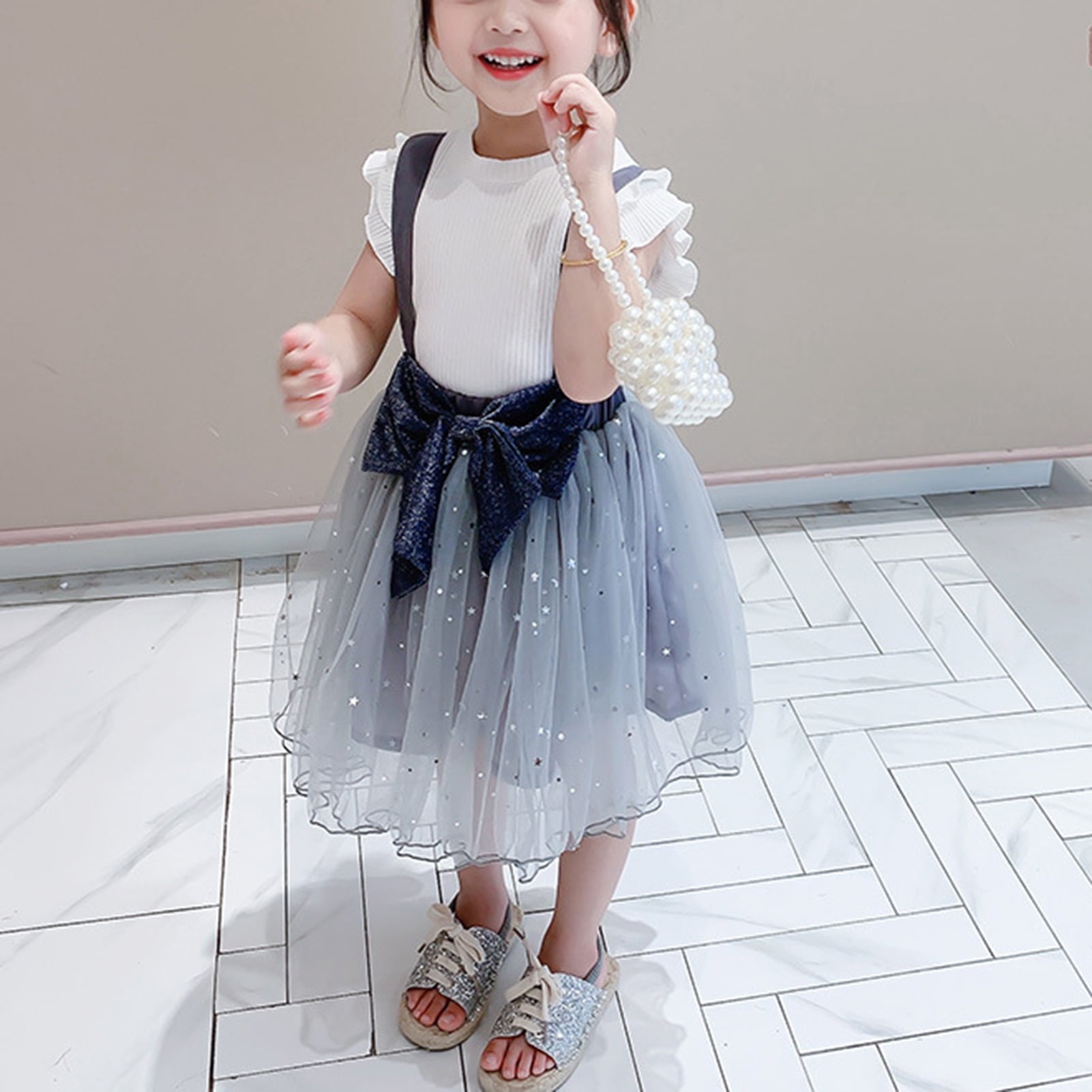 Toddler Kids Baby Girls Outfits Flying Sleeve Top Pleated lace Suspender Skirt Set 2PCS Clothes Set Spring 