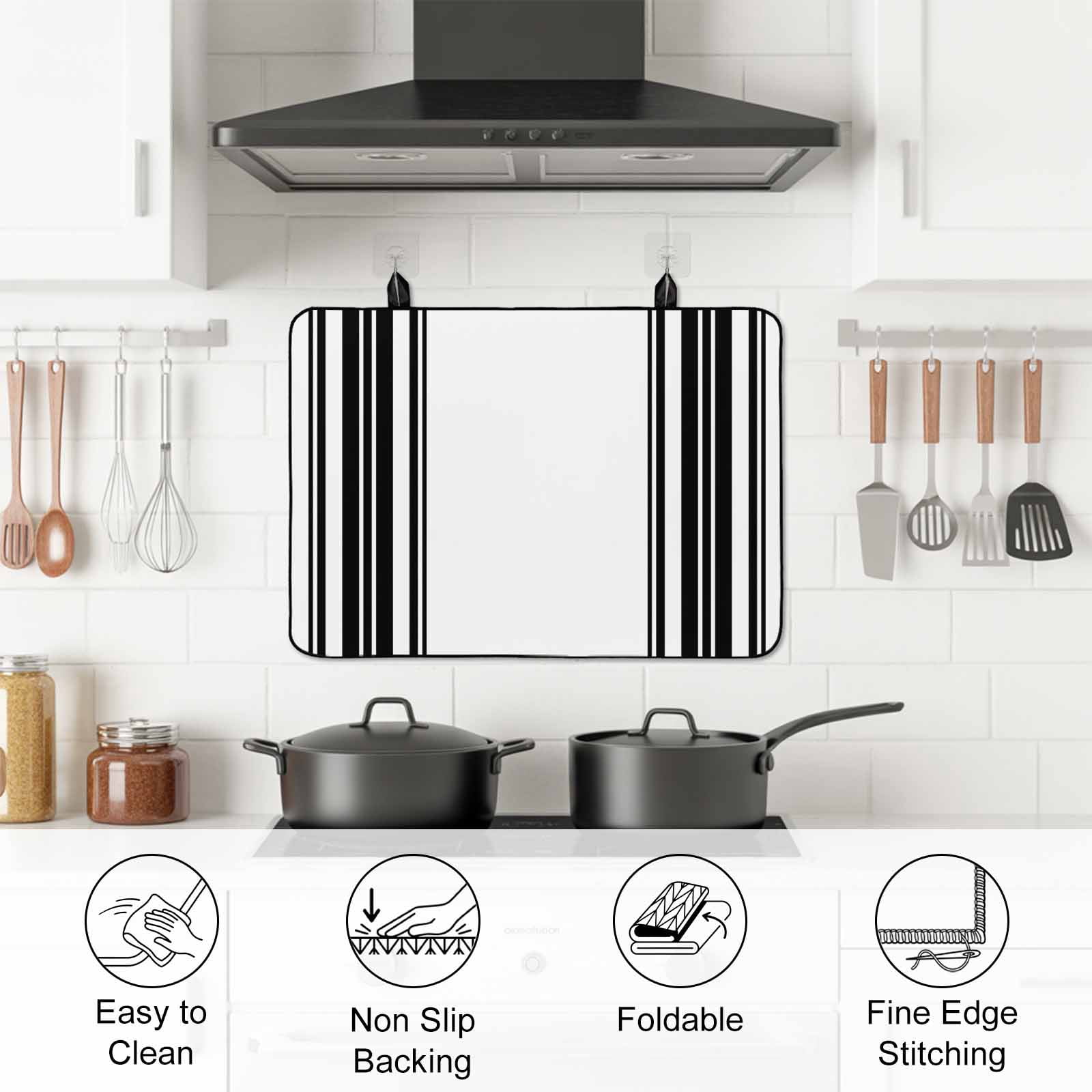 Black Striped Stove Top Cover for Electric Stove, Heat-proof & Non Slip Glass Top Stove Cover Protector, Modern White Striped Abstract Art Aesthetics Kitchen Flat Cooktop Rubber Mat 31x24 Inches