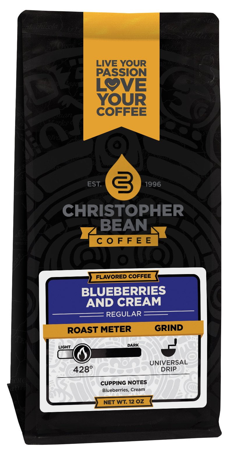 Blueberries & Cream Flavored Regular Ground Christopher Bean Coffee, 100% Arabica, No Sugar, No Fats, Made with Non-GMO Flavorings, 12 Oz Bag
