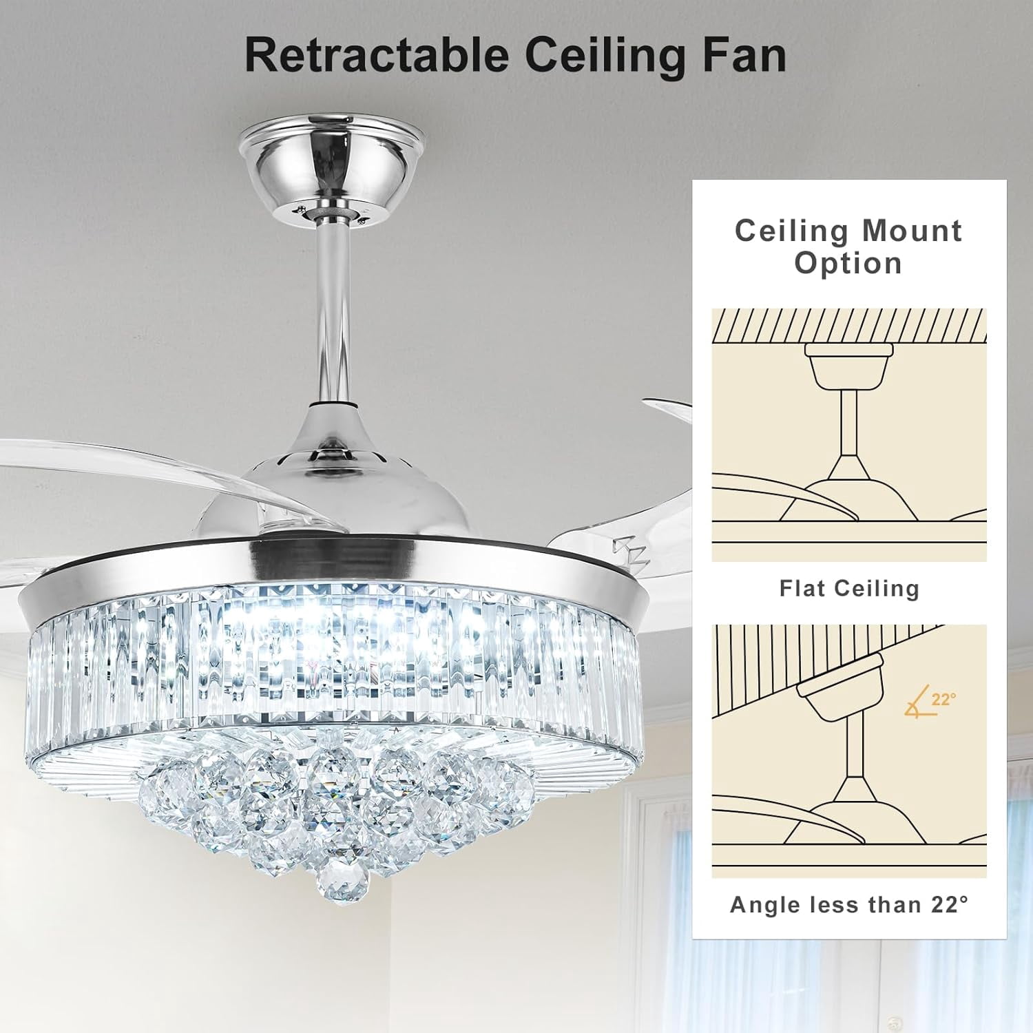 42-Inch Ceiling Fan Light with remote control, 3 colors and 6 speeds, modern indoor recessed ceiling fan light suitable for living room, bedroom and dining room (Silver).