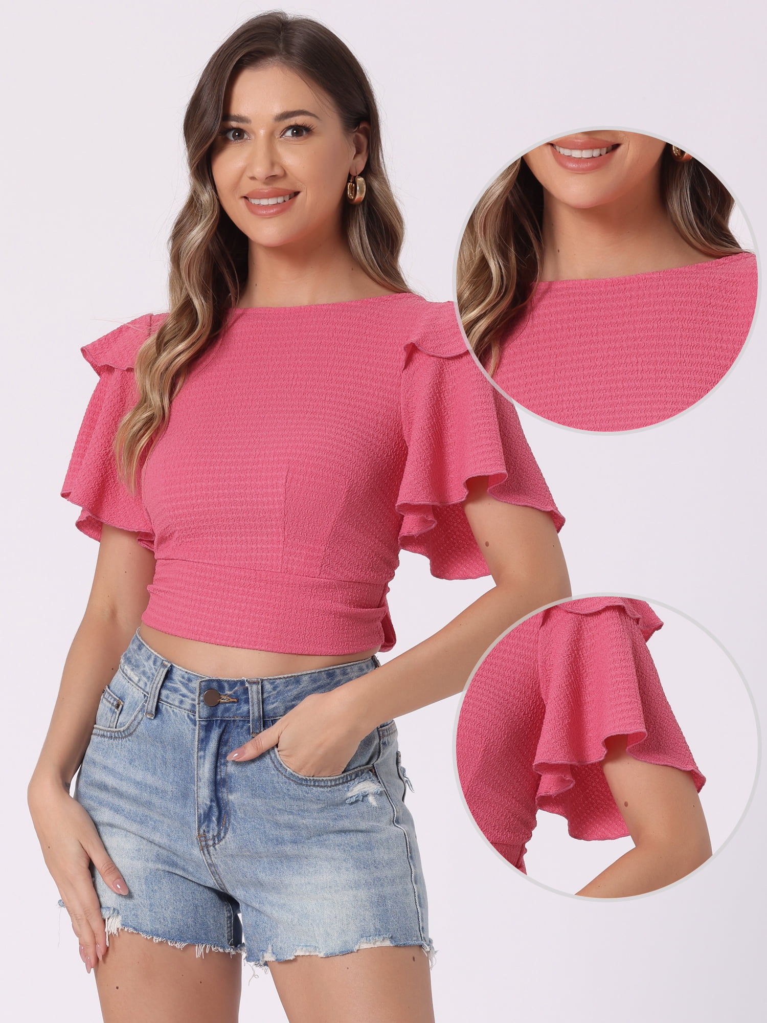 DARING DIVA Changeable Neckline Flutter Sleeve Crop Top XL Hot Pink