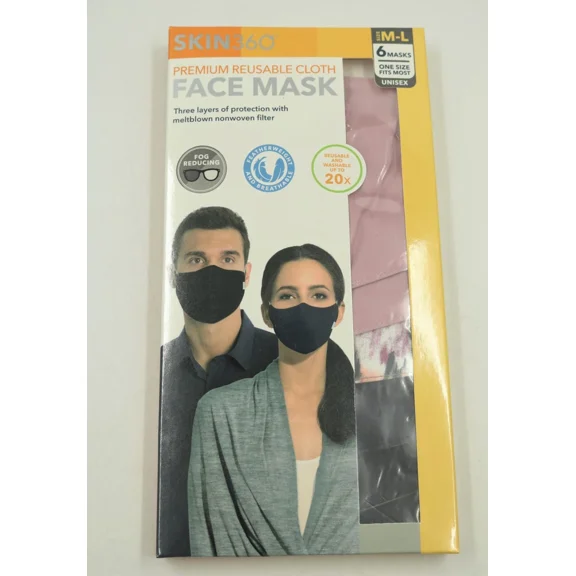 Skin360 Premium Reusable Cloth Face Masks 6 Variety Pack Size M-L Black Pink