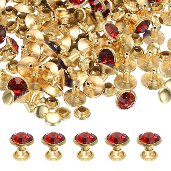 Uxcell 8mm Leather Rivets, 70 Sets Rhinestone Rivet Studs Double Cap Spikes Rivet for Leather Crafting for Decor Repair DIY Clothing Belts Bags Shoes, Red Gold Tone
