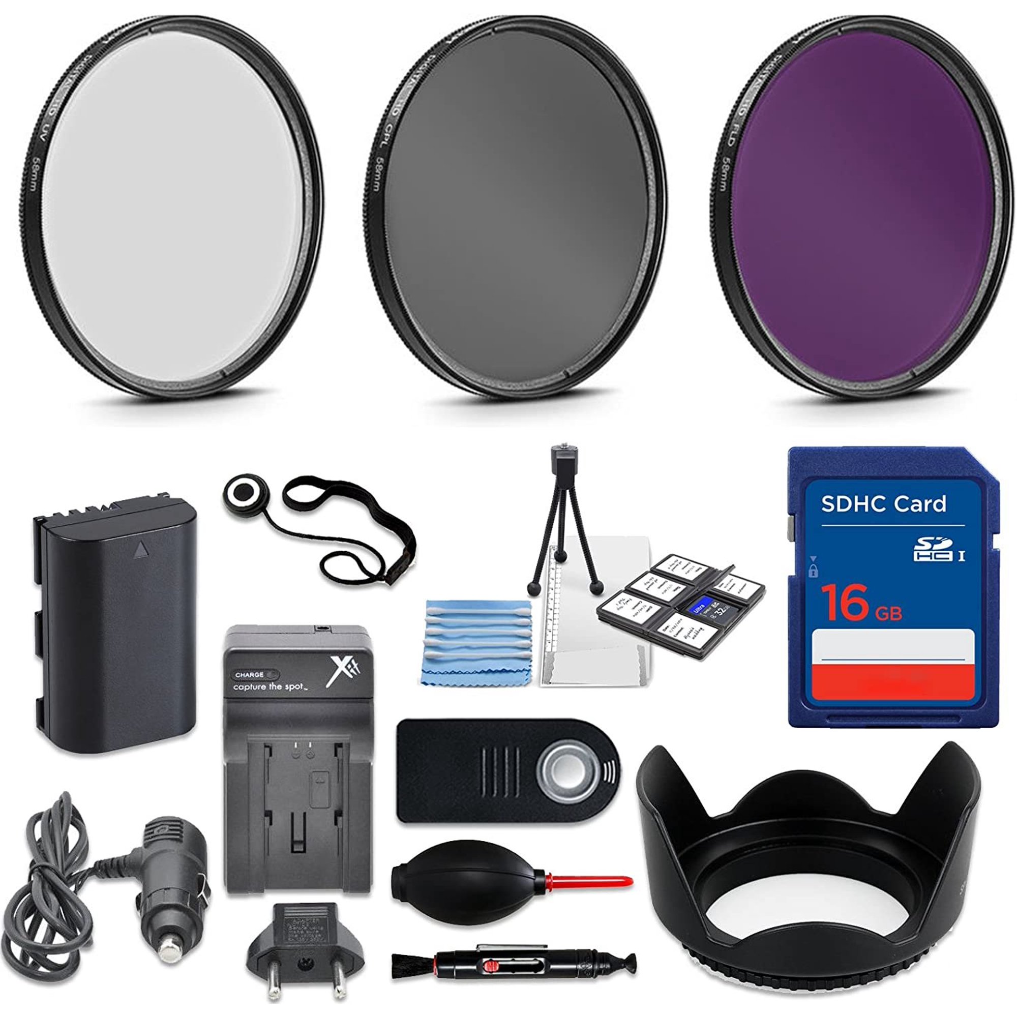 58mm 10 Piece Accessory Kit for Canon EOS 70D, 80D, 7D Mark II DSLRs with Replaceable LP-E6 Battery, 16GB SD Memory, HD Filters, Travel Charger & More