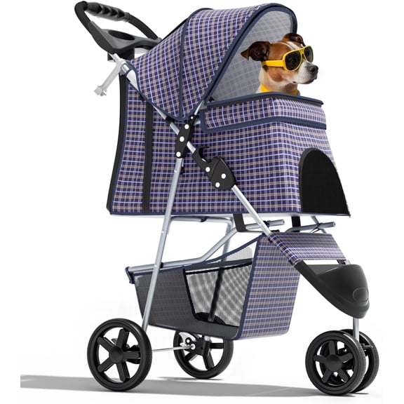 ZBAKF 3-Wheel Pet Stroller for Small & Medium Dogs and Cats, Foldable Travel Jogger with Breathable Mesh Cover, Safety Tethers, Cup Holder & Storage Basket, Lightweight Design, Up to 33 lb-Plaid
