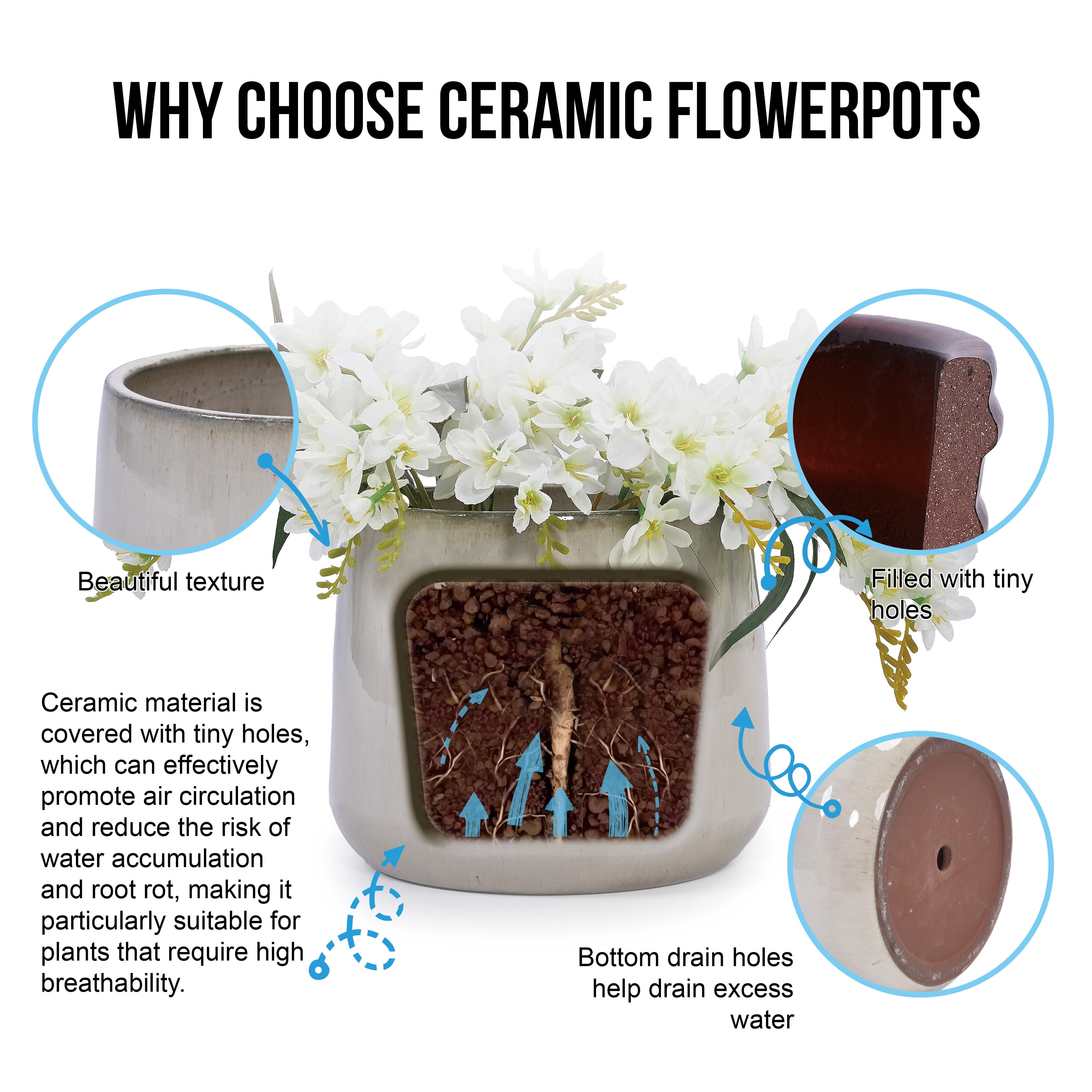 mdj pottery Set of 4 White Ceramic Brushed Texture Planters with Drainage Holes, 6 to 14 inch Indoor Outdoor Pots for Orchids, Succulents and Cacti