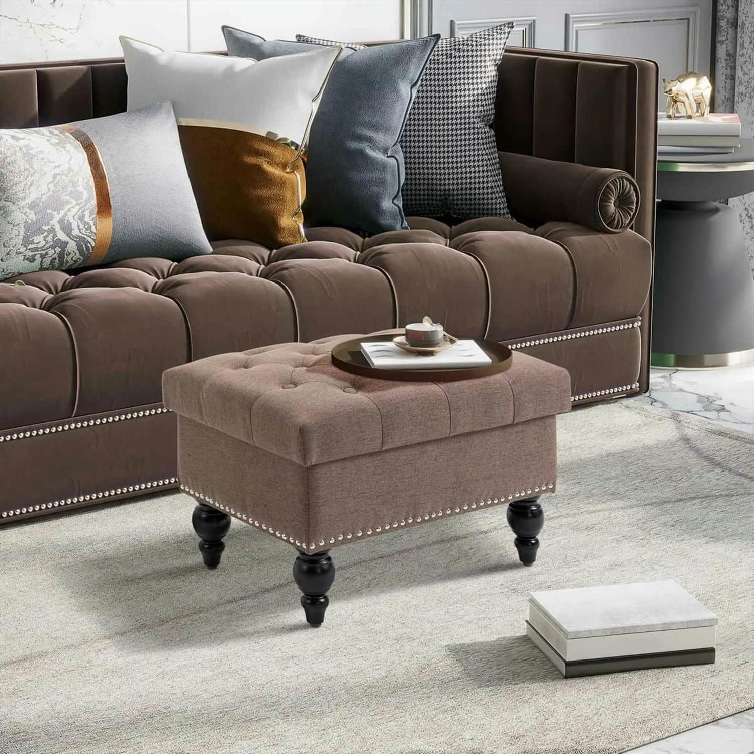 Demi Bonn 25" Storage Ottoman with Lift-Top Lid, Wooden Legs, Button Tufted Fabric Bench for Living Room, Brown