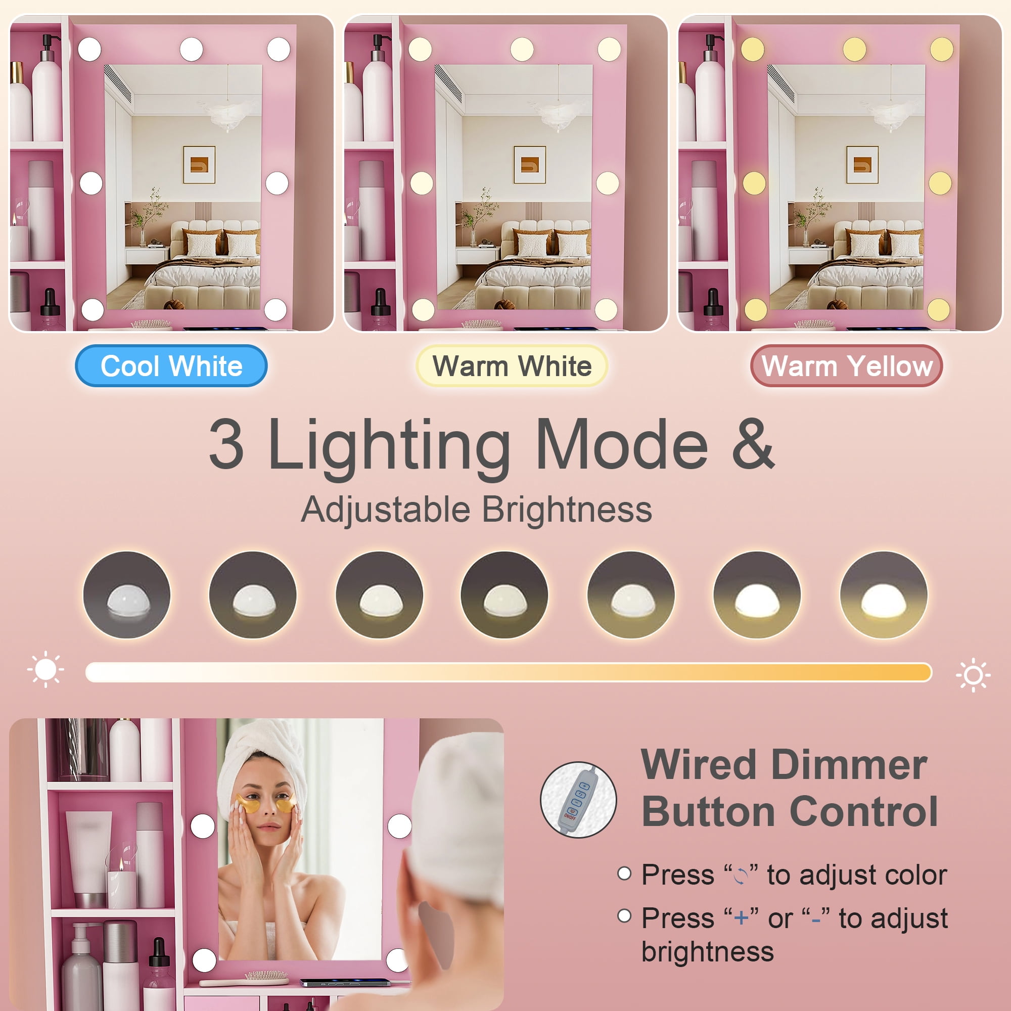 Compact Vanity Table Set with Adjustable LED Mirror, Power Outlet, Hairdryer Holder & Upholstered Stool, Makeup Dressing Desk for Small Bedroom