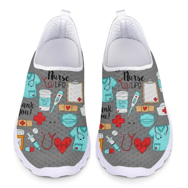 Ropa de enfermera, diseño de moda nocivo, zapatos de enfermería elásticos para mujer, zapatillas de malla transpirables, zapatos planos sin cordones